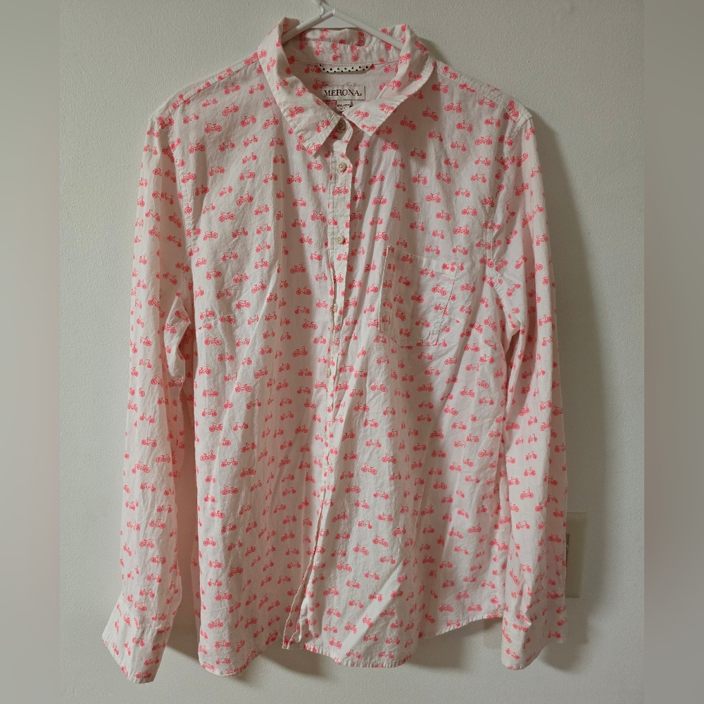 Bicycle Print Pink and White Casual Button Down Shirt Size XXL